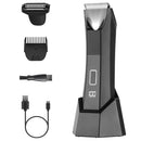 Electric hair and beard trimmer set with charging dock, interchangeable clipper heads, USB charging cable, and cleaning brush