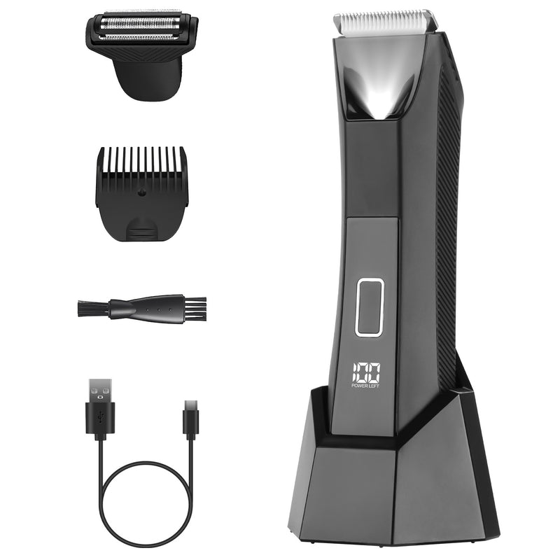 1Pc 2 In 1 Electric Body Trimmer For Men Cordless Beard Groin Ball Pubic Hair Shaver IPX7 Waterproof Razor With LED Light LCD Display Guard Comb Shaving Head