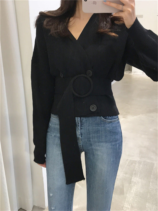 Retro Chic Double-breasted Knitted Cardigan 2020 Autumn And Winter New Fashion V-neck Belt Short Top Women