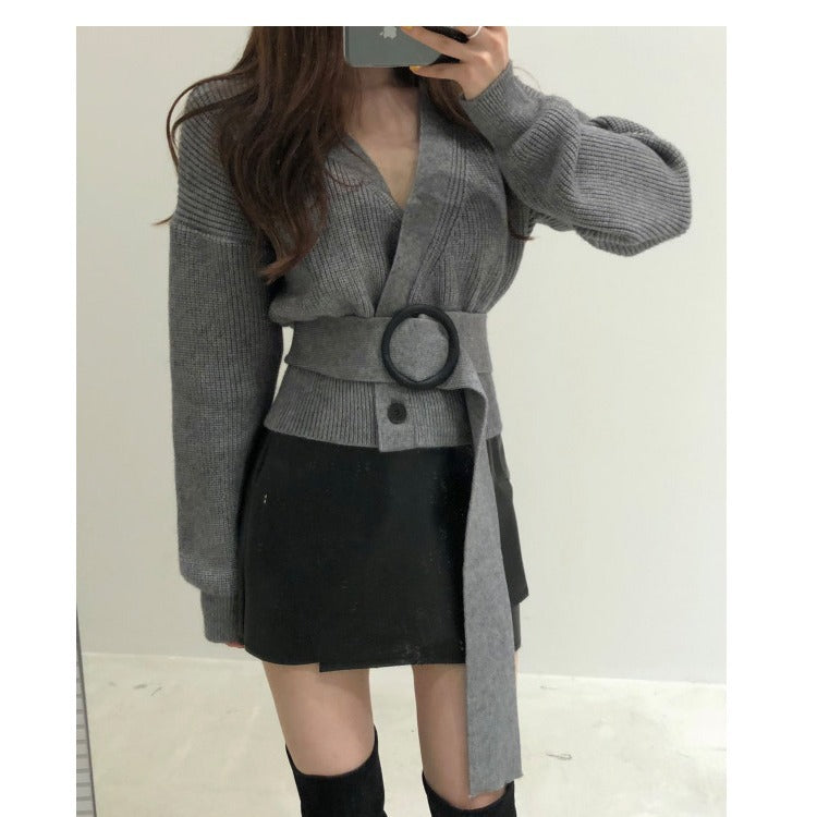 Retro Chic Double-breasted Knitted Cardigan 2020 Autumn And Winter New Fashion V-neck Belt Short Top Women