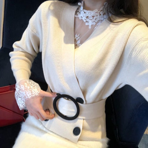 Retro Chic Double-breasted Knitted Cardigan 2020 Autumn And Winter New Fashion V-neck Belt Short Top Women