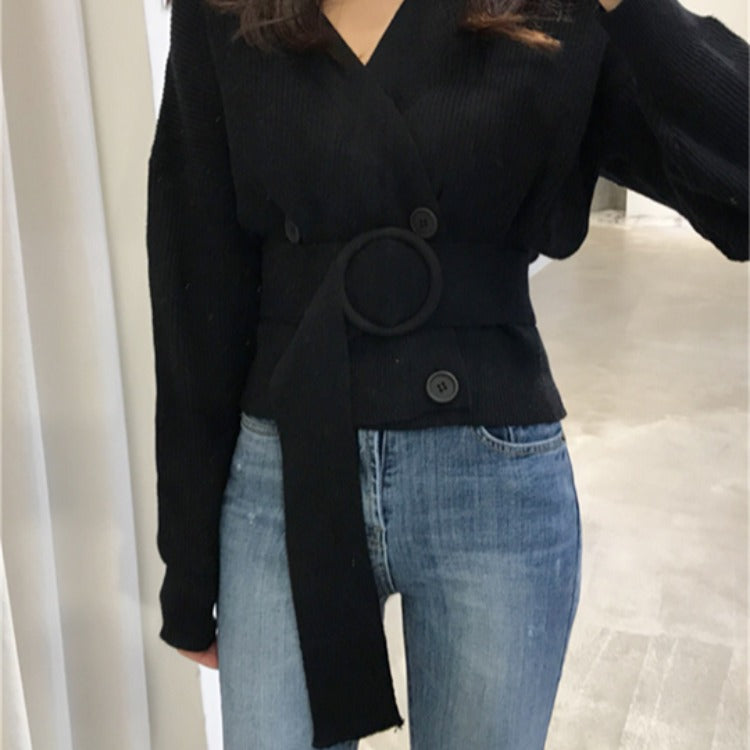 Retro Chic Double-breasted Knitted Cardigan 2020 Autumn And Winter New Fashion V-neck Belt Short Top Women