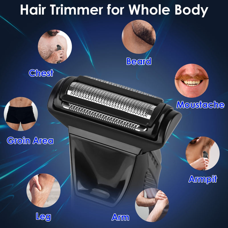 Hair trimmer with a wide, micro-foil head designed for whole-body grooming. The image shows a central close-up of the trimmer head, surrounded by small circular photos demonstrating its use on different body parts: chest, groin area, leg, arm, armpit, moustache, and beard.