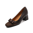 Retro Square Head Stitching Chunky Heel Pumps Women's Spring And Autumn New Bow Low-cut High Heels