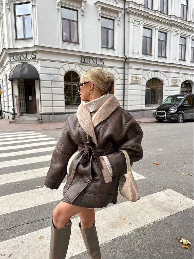 Autumn And Winter New American Street Fashion Style Elegant Contrast Color Design Imitation Leather Jacket Warm Lace-up Mid-length Cotton-padded Coat