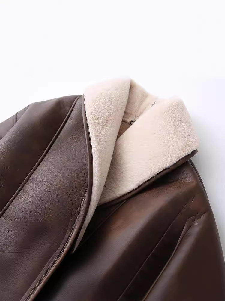 Autumn And Winter New American Street Fashion Style Elegant Contrast Color Design Imitation Leather Jacket Warm Lace-up Mid-length Cotton-padded Coat