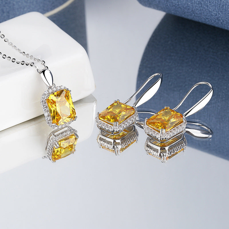 S925 Sterling Silver Princess Square Yellow Diamond Necklace Earrings