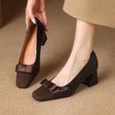 Retro Square Head Stitching Chunky Heel Pumps Women's Spring And Autumn New Bow Low-cut High Heels
